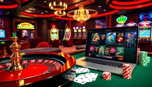 Engaging in רמי אונליין with luxurious casino elements like poker chips and slot machines.
