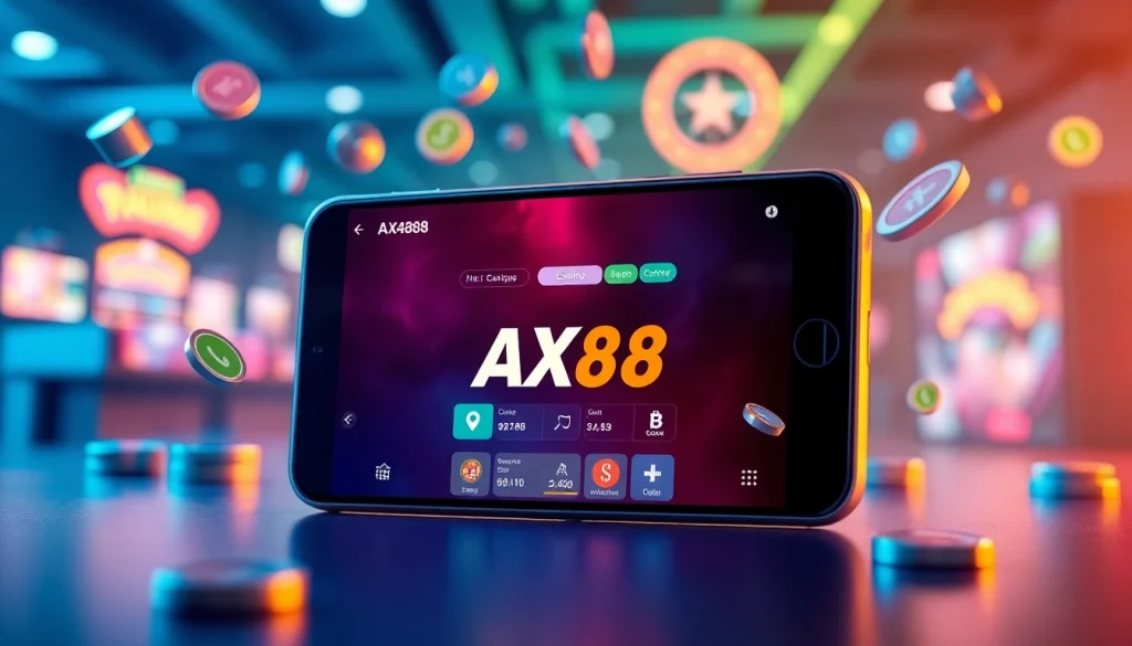 Trải nghiệm ứng dụng AX88 đầy động lực cho cược trực tuyến với một chiếc smartphone tinh tế, trình chiếu hình ảnh sòng bạc sống động.