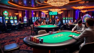 GG88 casino scene portraying gambling excitement with vibrant tables and slot machines.