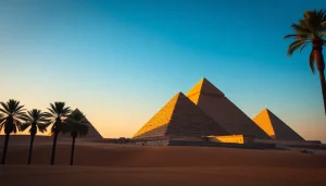 Visualize https://piraminds.com/ showcasing the majestic Egyptian pyramids against a bright sky.