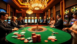Engaging gamblers at a luxurious casino featuring roulette, poker chips, and excitement captured by the hidden wiki.
