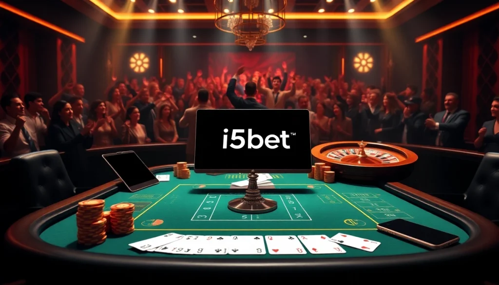 Engaging i5bet online gambling scene with poker chips and roulette wheel.