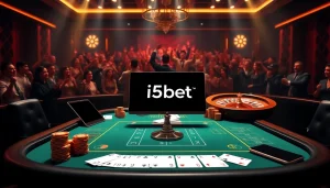 Engaging i5bet online gambling scene with poker chips and roulette wheel.