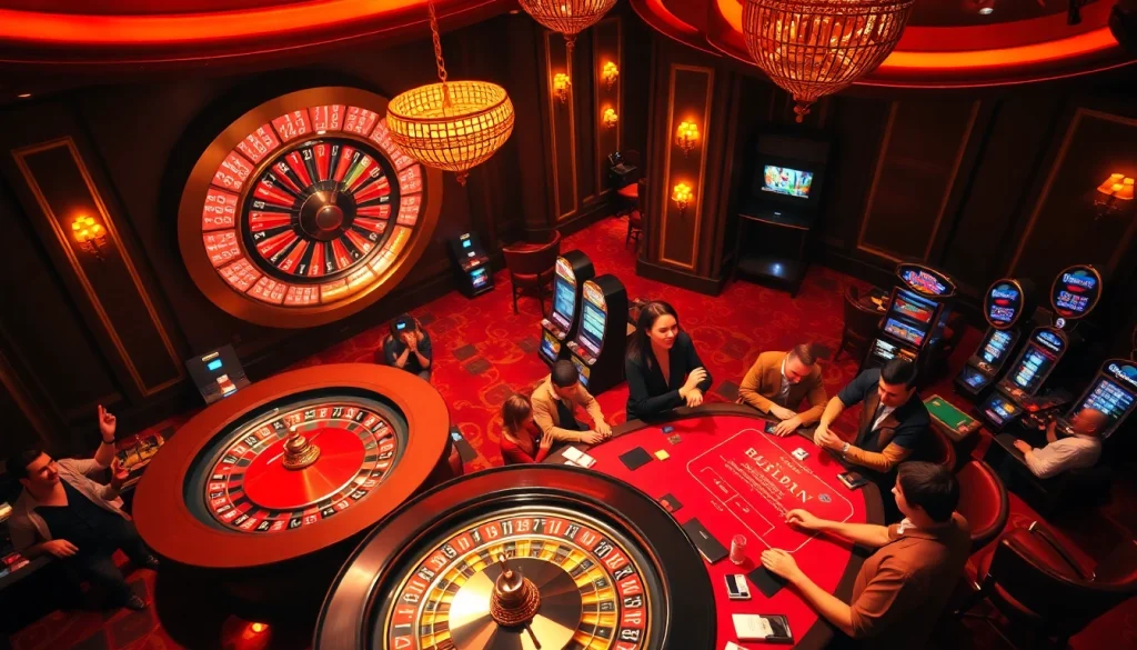 Engaging scene of players enjoying רמי אונליין at a luxury casino, poker chips and cards in action.