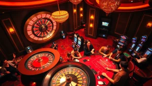 Engaging scene of players enjoying רמי אונליין at a luxury casino, poker chips and cards in action.