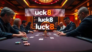 Players enjoying a high-stakes poker game at luck8's luxurious casino table, showcasing excitement and strategy.