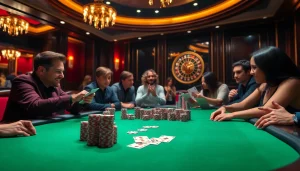 Engaged players experience the thrill of Onicplay at a luxurious poker table in a high-stakes casino.