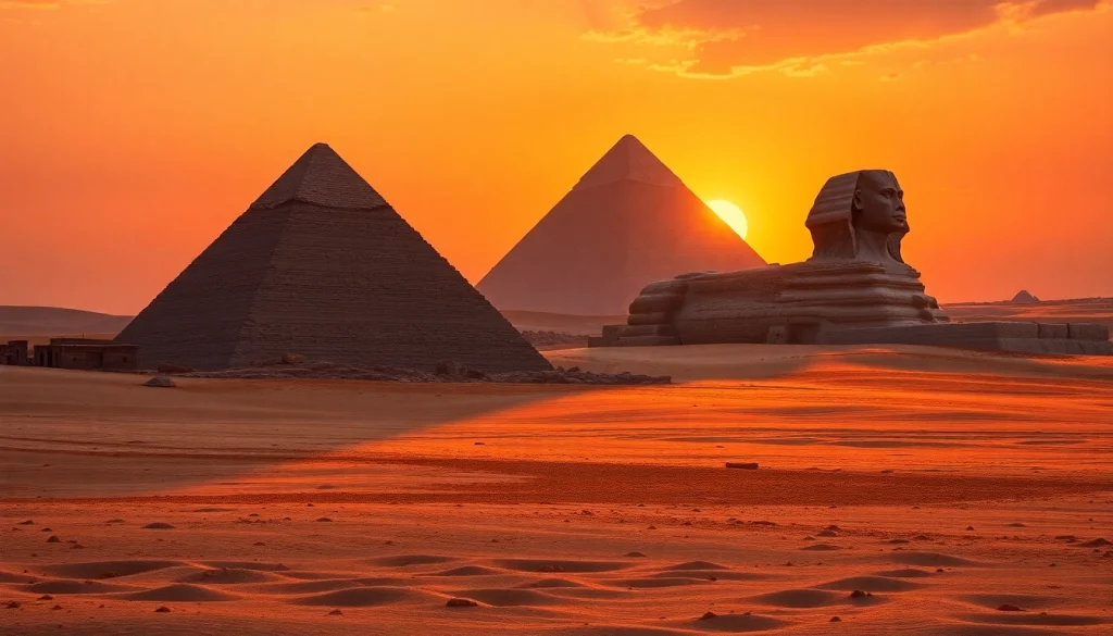 View the majestic Pyramids of Giza at sunset with dramatic shadows, highlighting https://piraminds.com/.