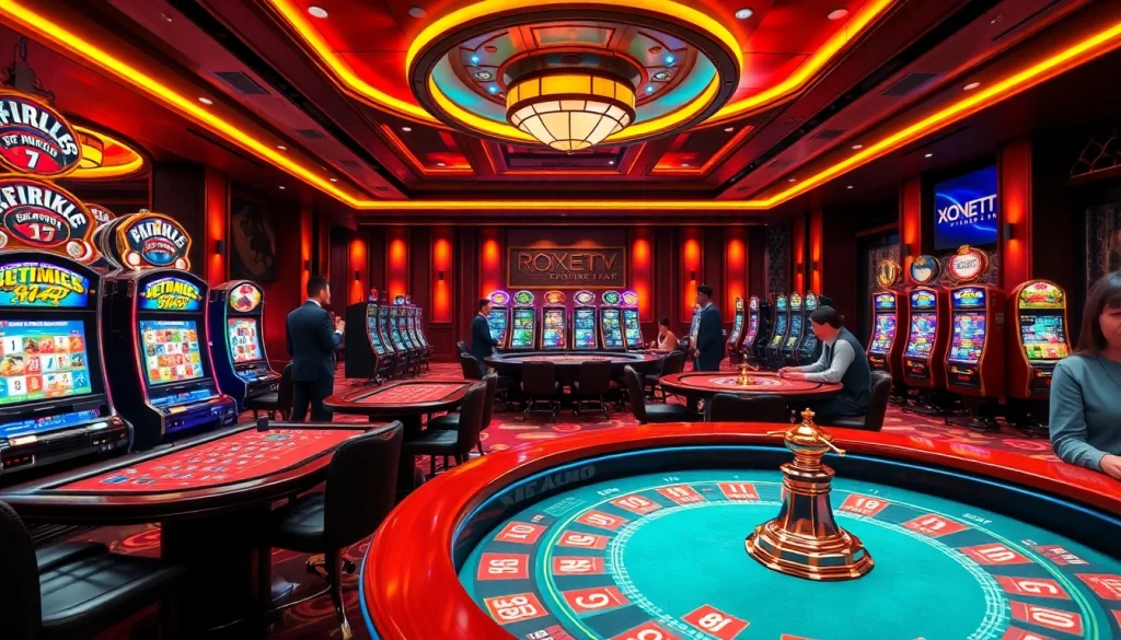 Xôi Xoài TV showcases a thrilling scene of gambling action with casino tables and excited players.