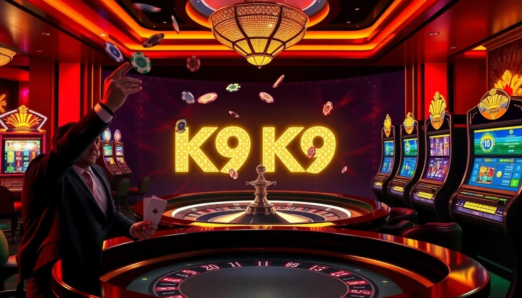 Experience the excitement of K9K9 gambling with a vibrant casino scene showcasing roulette and poker action.