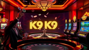 Experience the excitement of K9K9 gambling with a vibrant casino scene showcasing roulette and poker action.