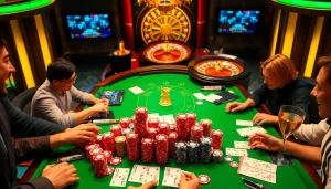 Engage with thrilling poker gameplay at https://uu88ae.com/ featuring players, chips, and winning hands.