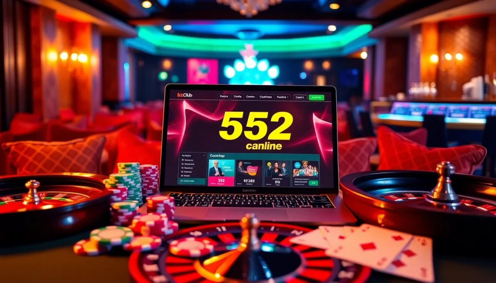 Experience the thrill of the b52 club with poker chips and playing cards in a luxurious casino setting.