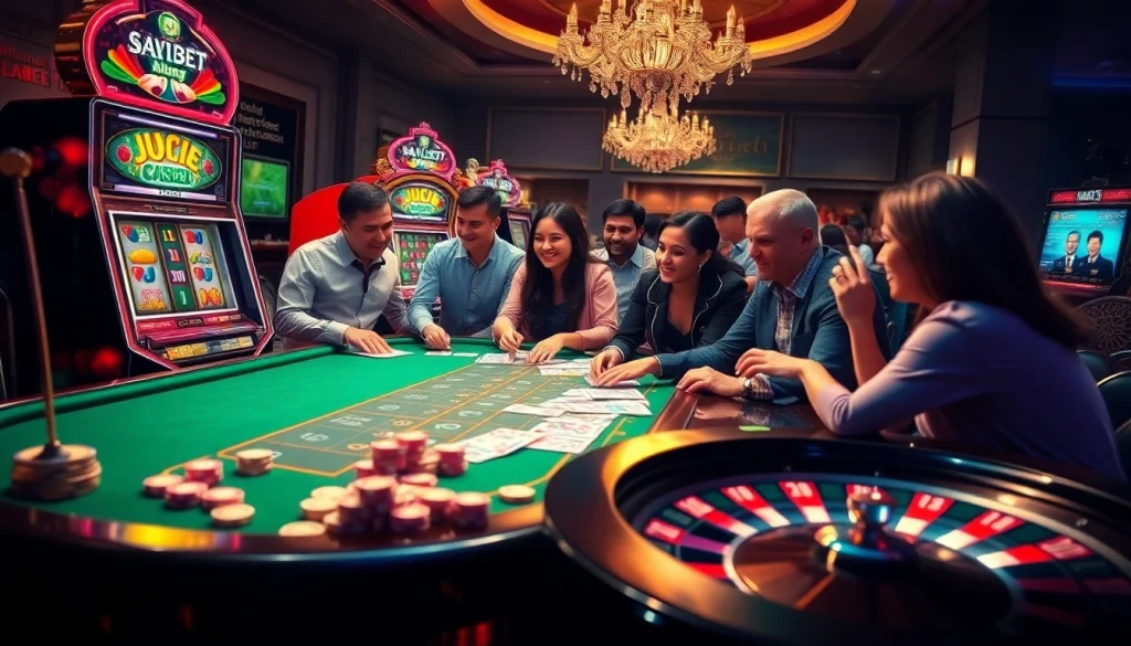 Exciting gamblers engaged at SOIBET casino table with vibrant chips and roulette wheel.