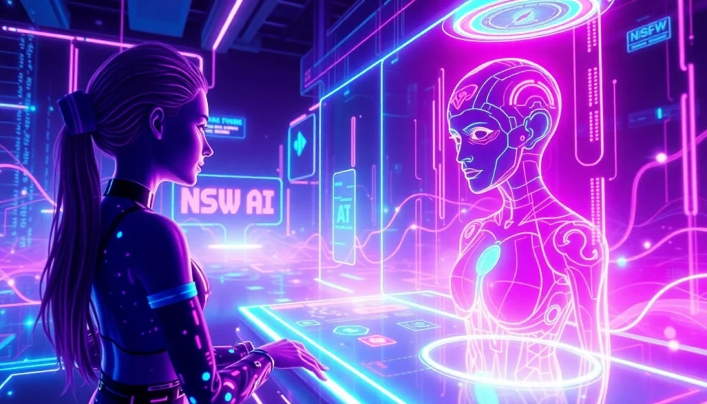 Immersive NSFW AI landscape with glowing characters and digital interfaces