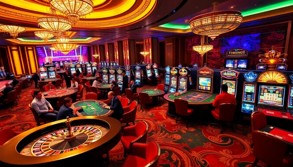 Players enjoying vibrant casino games at ok88, featuring tables, chips, and bright lights.