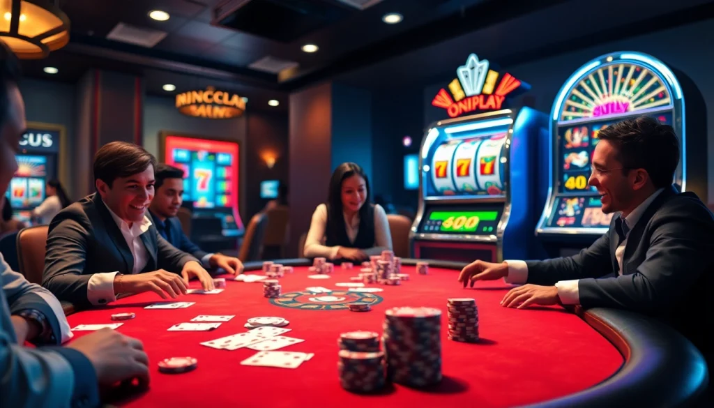 Engaging players enjoy Onicplay with vibrant casino table, cards, and slot machines.