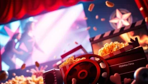 Rebahin film streaming platform poster highlighting diverse movie genres with vibrant colors and cinematic elements.