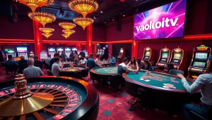 Watch players engaged in thrilling gambling at vaoluoitv casino tables with colorful chips.