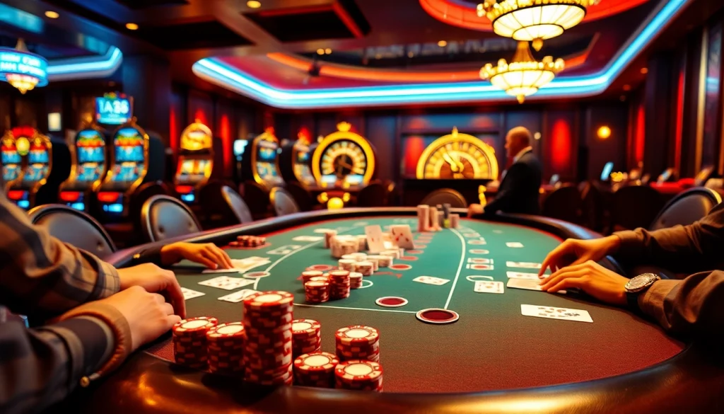 Players engaging in intense poker at https://xx88.contractors/ casino table surrounded by vibrant ambiance.