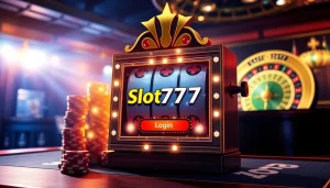 Engaging slot777 login interface with poker chips and slot machine excitement in a luxurious casino scene.