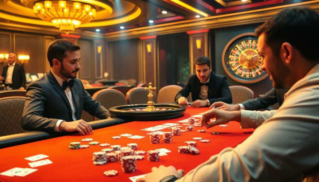 Cảnh casino LUCK8 và LUCKY8 đầy hứng khởi với các người chơi tại bàn poker sống động, thể hiện cảm giác hứng khởi khi cá cược.