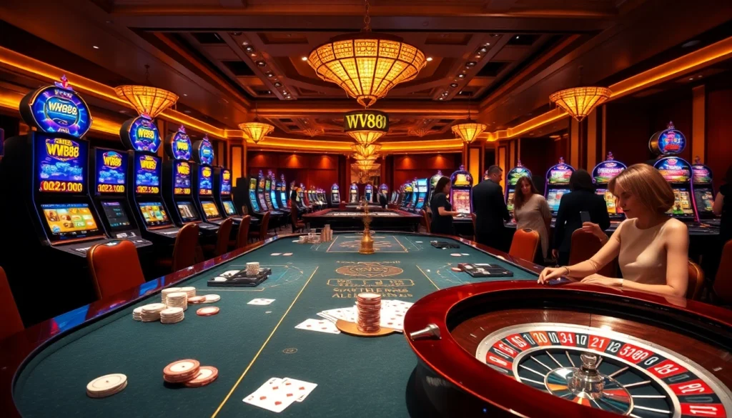 Experience the excitement of ww88 with a luxurious casino environment filled with gaming tables and vibrant slot machines.