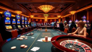 Experience the excitement of ww88 with a luxurious casino environment filled with gaming tables and vibrant slot machines.