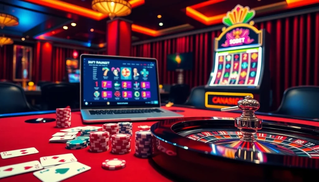 Engaging casino scene with sbobet link alternatif featuring poker chips and roulette wheel for online gambling enthusiasts.