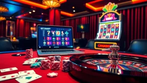 Engaging casino scene with sbobet link alternatif featuring poker chips and roulette wheel for online gambling enthusiasts.