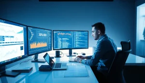 Web scrapping visualization on multiple screens with a developer at a modern desk.