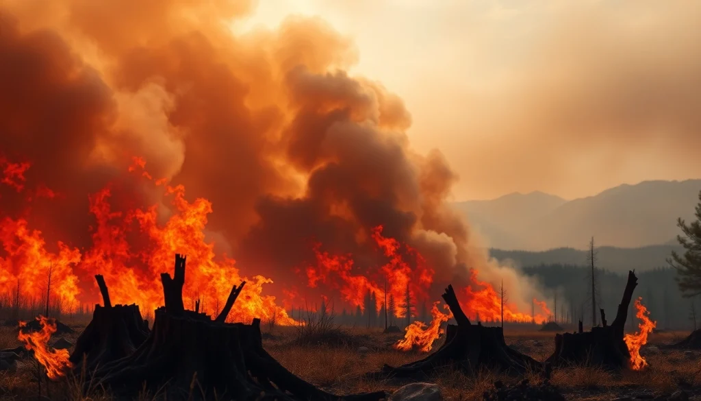 Captivating depiction of wildfire events showcasing flames and smoke enveloping a forest.