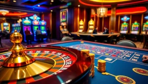 Exciting gameplay at kp88 casino with roulette wheel and poker table.