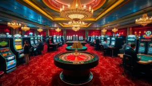 NoHu-inspired lively casino scene showcasing thrilling roulette and vibrant slot machines.