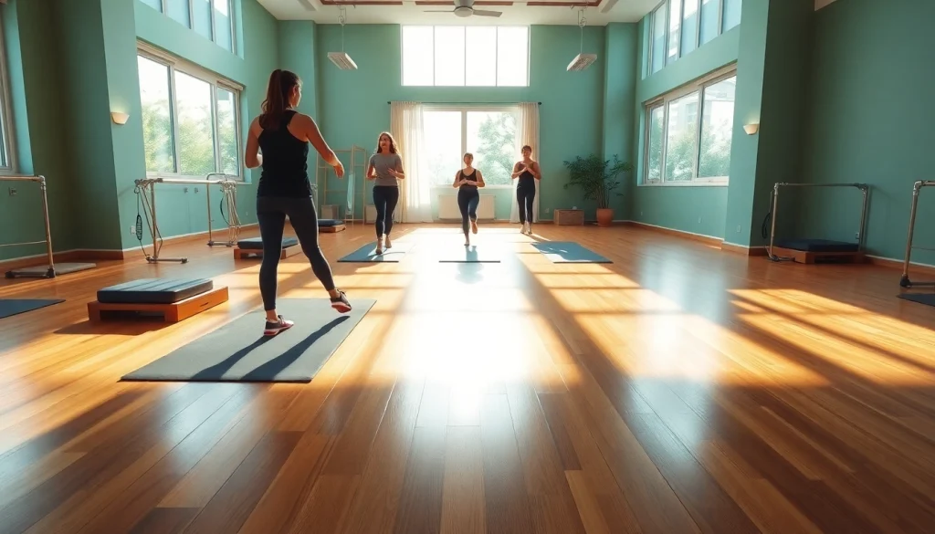 台東区の明るく魅力的なスタジオでリフォーマーを使う参加者を映したダイナミックなピラティスセッション