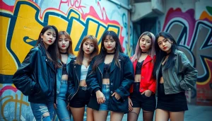 blackpink members confidently posing against a colorful urban backdrop.