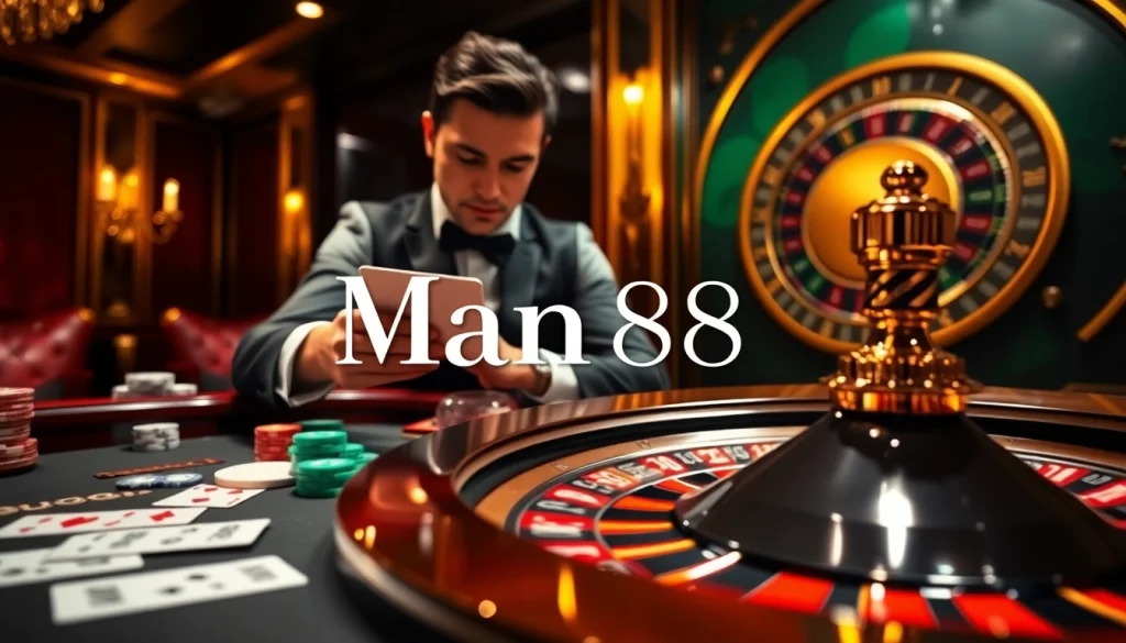 Engaging gambler strategizing at a luxurious casino table with Man88 cards and chips.