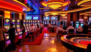 Exciting scene of players enjoying idn slot machines in a luxurious casino setting.