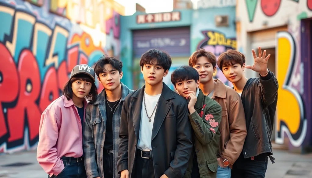 BTS members ensemble portrait capturing their unique styles and expressions in a lively urban setting.