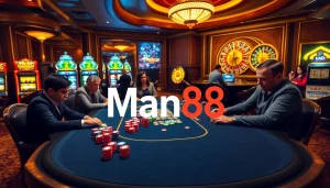 Experience the thrill of gambling at Man88's vibrant casino table filled with chips and cards.