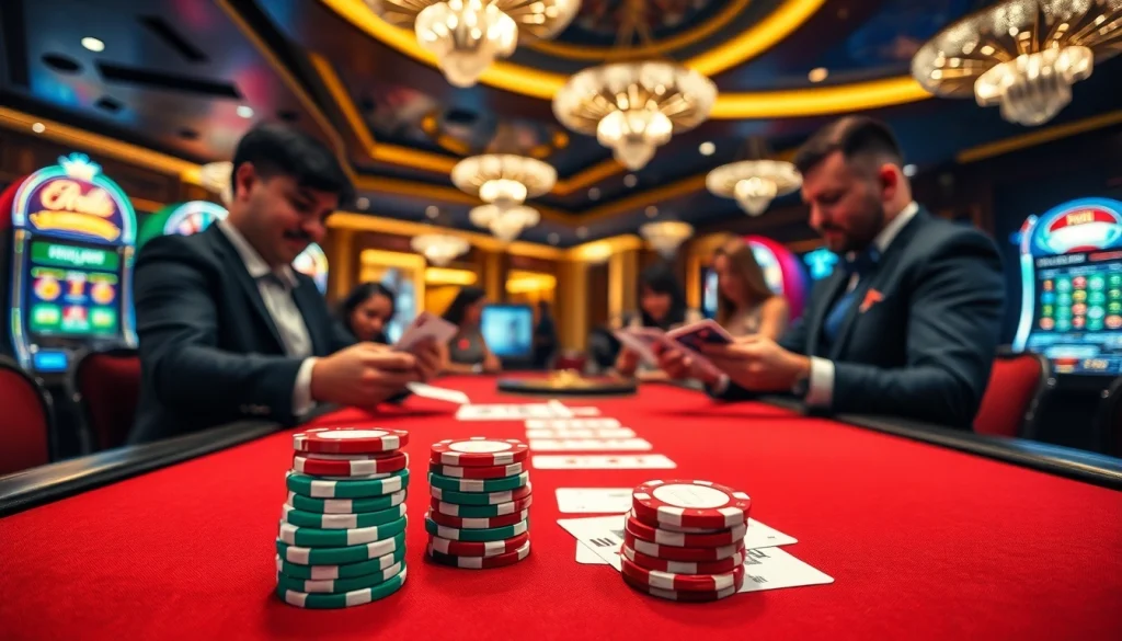 Engaging players strategizing at a casino table with Tool xổ số siêu tốc in focus.