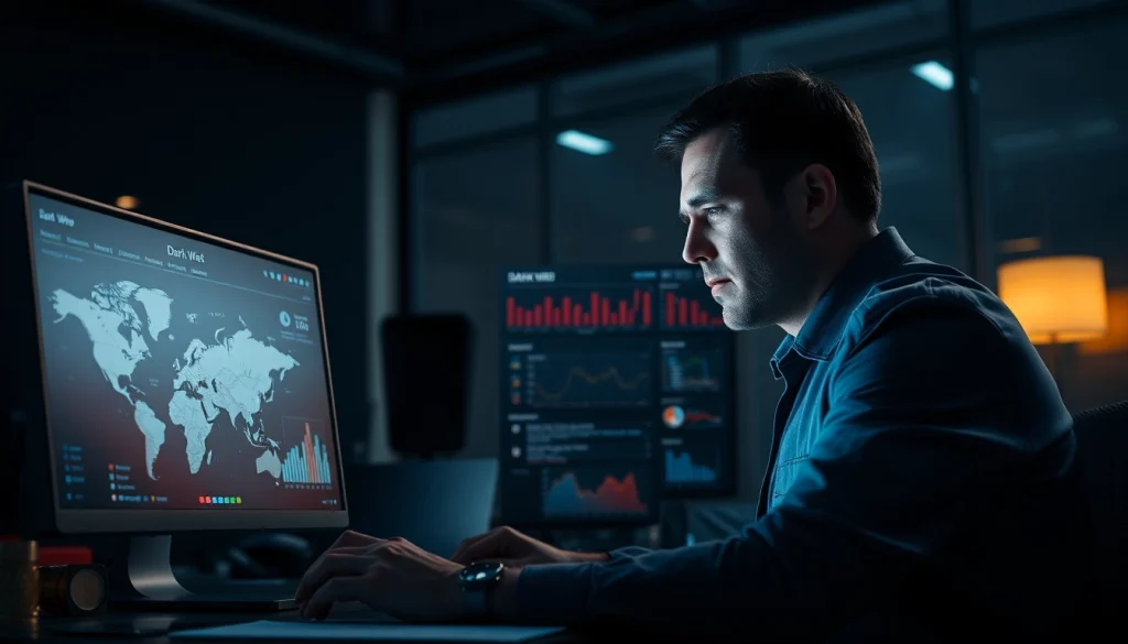 Law enforcement officer analyzing hidden wiki dark web data on a high-tech computer.