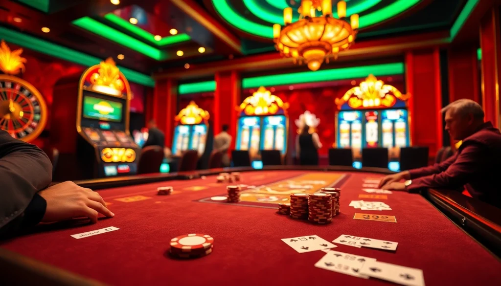 Players enjoying a thrilling poker game at a k9k9 casino table amid colorful slot machines.