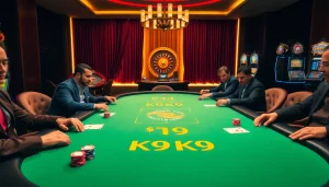 K9K9 poker table scene with vibrant chips and cards, capturing the thrill of gambling.