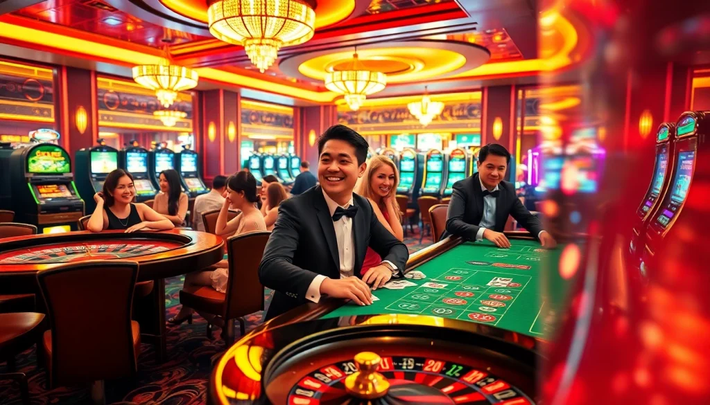 Exciting gambling scene showcasing luxury casino elements with poker tables and roulette wheels at luongsontv60com.
