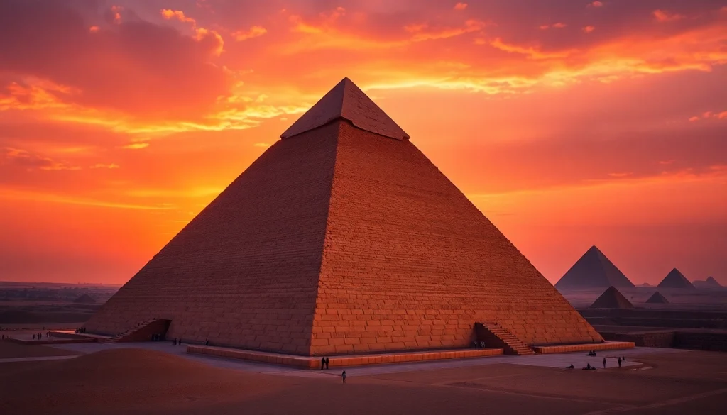 Visitors exploring the Great Pyramid of Giza at sunset, highlighting https://piraminds.com/ ancient architecture.