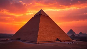 Visitors exploring the Great Pyramid of Giza at sunset, highlighting https://piraminds.com/ ancient architecture.