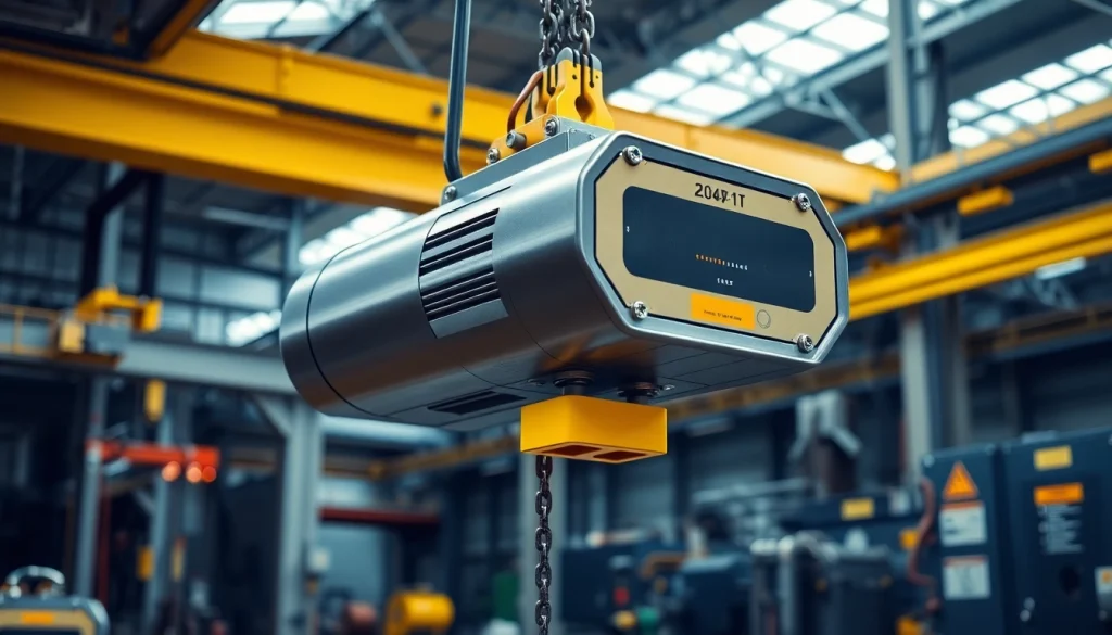 Electric chain hoist crane lifting a heavy load in a professional industrial setting.