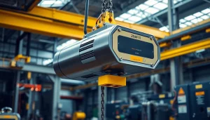 Electric chain hoist crane lifting a heavy load in a professional industrial setting.