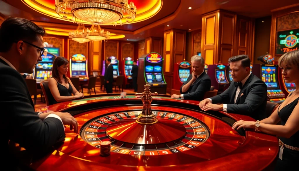 A lively casino scene with players engaged at a poker table, showcasing website TR88 branding on betting slips.